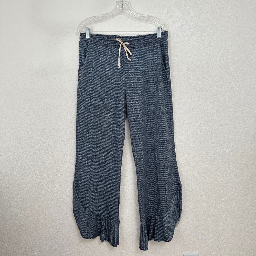 Antalogie Wide Leg Pants Large Blue Ruffle Tulip Hem Drawstring Lounge Boho Chic